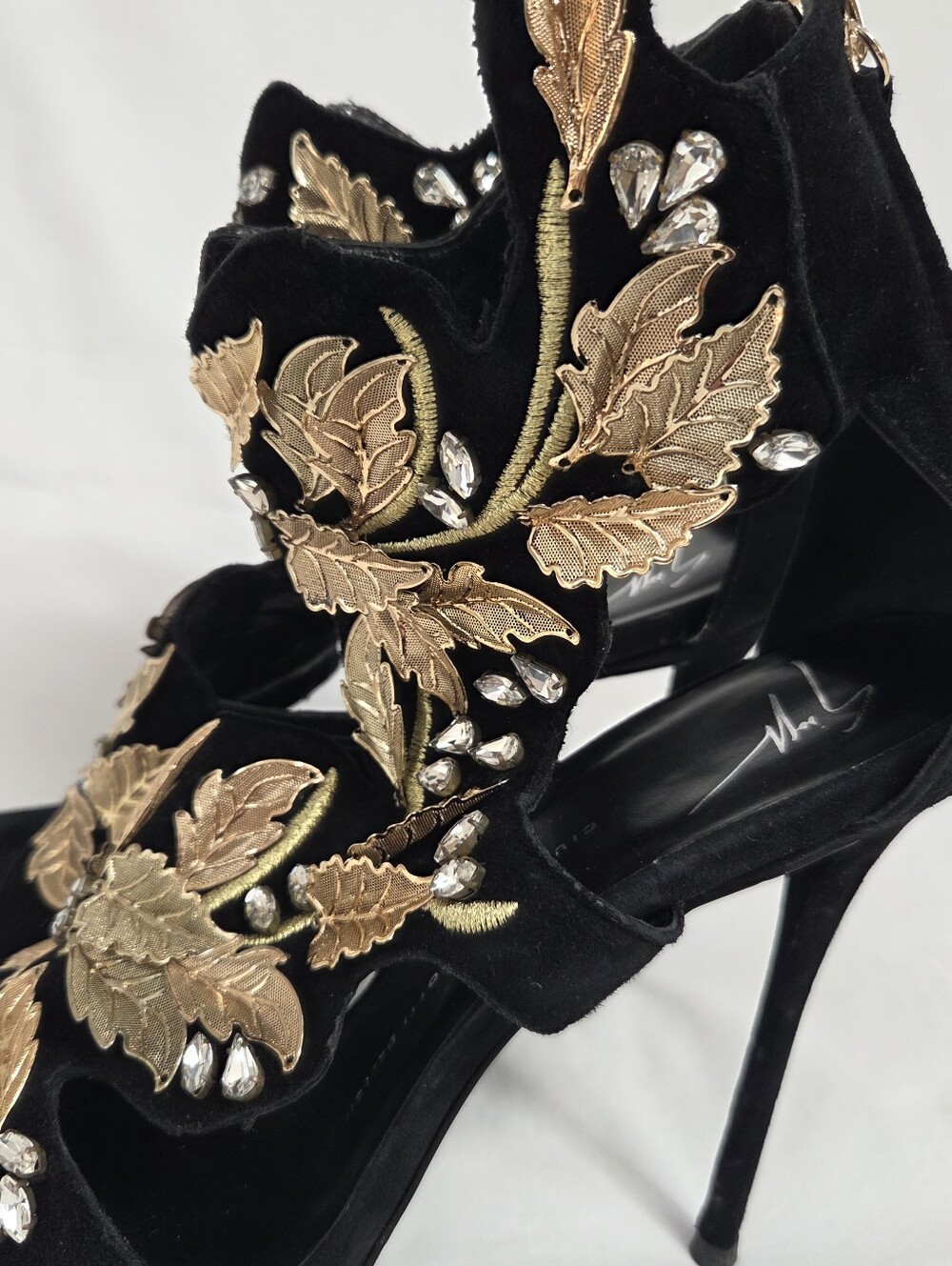 Giuseppe Zanotti Coline Black Suede Gold Leaf Stiletto Heels 39 - Picture 6 of 15